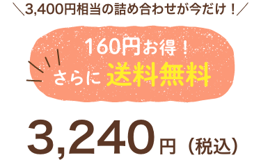 160円お得！更に送料無料　3,400円相当の詰め合わせが今だけ！　3,240円（税込）