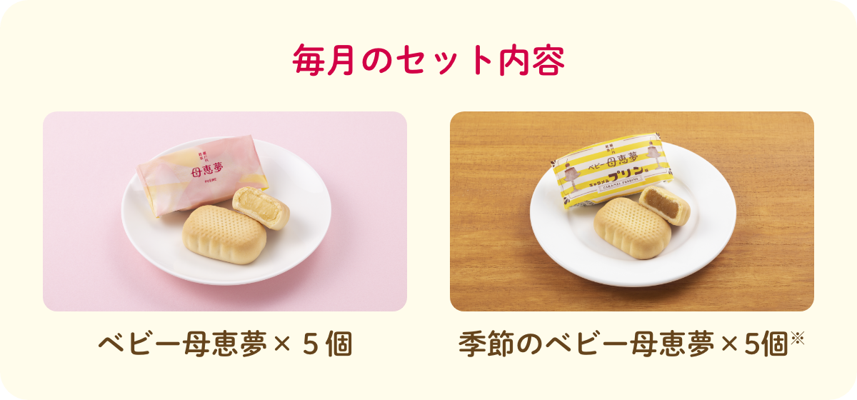 毎月のセット内容　ベビー母恵夢×５個　季節のベビー母恵夢×5個※