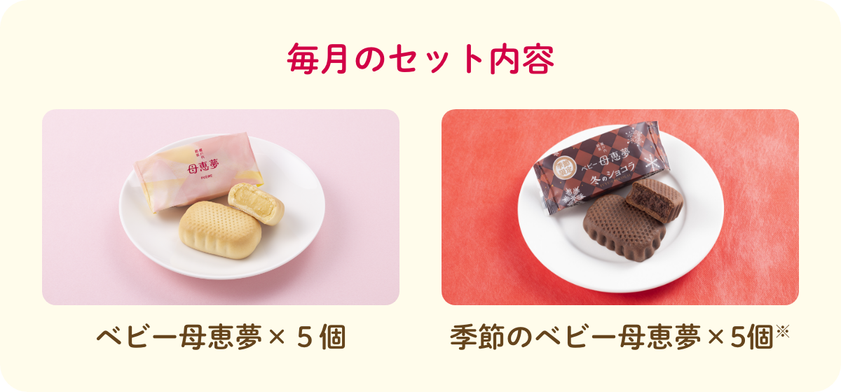 毎月のセット内容　ベビー母恵夢×５個　季節のベビー母恵夢×5個※